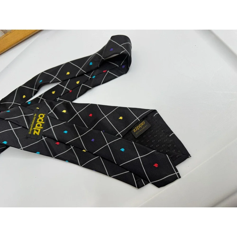 Vtg Zippo 65th Anniversary Silk Necktie Black Diamond Pattern Flame Accents Mens